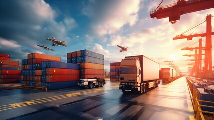 crane loads cargo containers on container ships at an international terminal logistic sea port idea freight shipping, generative ai