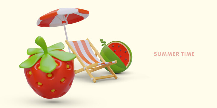 Hello, summer. Picnic in nature, juicy sweet snacks. 3D red strawberry, ripe cut watermelon, folding chair, sun umbrella. Have nice rest, summertime. Color illustration with space for text