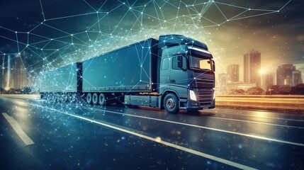 Logistics concept, Truck of logistics network distribution and smart transportation and networking intelligent logistics of truck container cargo, Logistic import export and industry  - obrazy, fototapety, plakaty