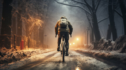 Back view Winter cycling, a man riding a bicycle in snow. Generative Ai
