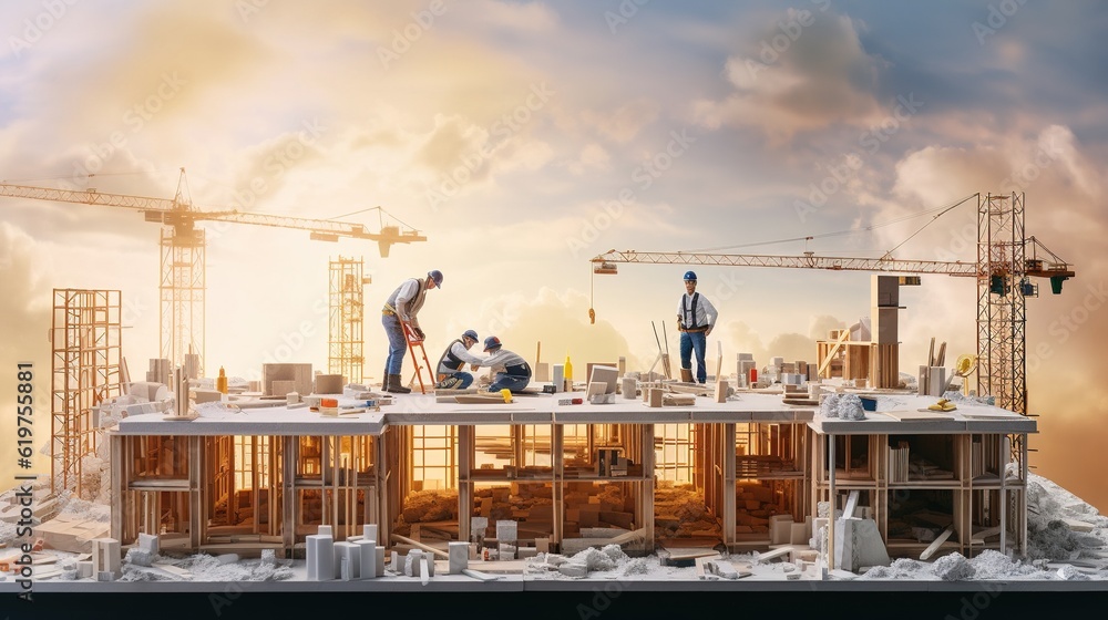 Poster structure and construction of the creative team engineer or architect meeting with project partner a