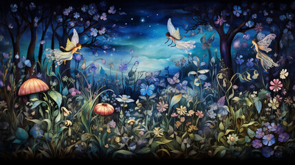 Childbook illustration fairies at night