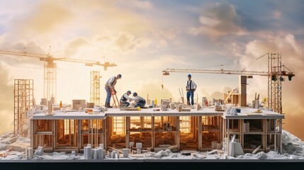 structure and construction of the creative team Engineer or architect meeting with project partner and model-building equipment. generative ai