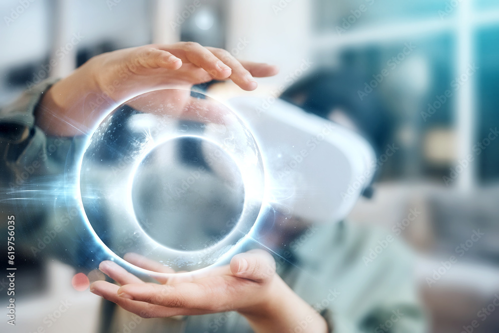 Poster Virtual reality, woman in headset and hologram in office for design, future technology and digital data. Research, web innovation and mockup, software programmer or developer working with vr glasses.