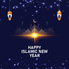 Happy Islamic New Year greeting card concept with arabic lantern and mosque design