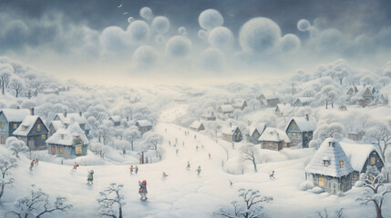 Fototapeta premium Childbook illustration village under snow [AI generative]