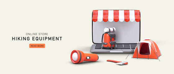 Online store of hiking equipment. Bright vector banner with advertising text, button, illustration. 3D open laptop, backpack, flashlight, ax, tent. Modern accessories for tourism