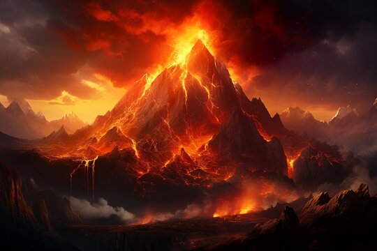 dark fantasy mountain landscape, fire in the hills, volcano eruption, made with generative ai	