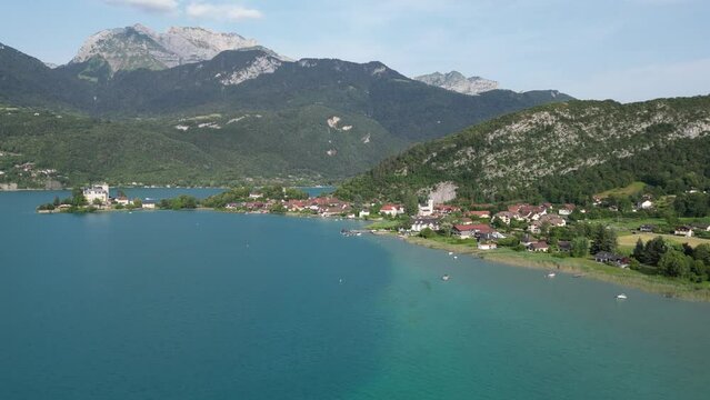 Shore side Lake Annecy France  aerial  4K footage