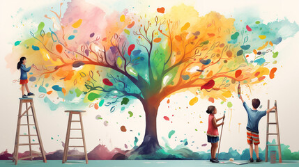 Childbook illustration children collecting tree [AI generative]