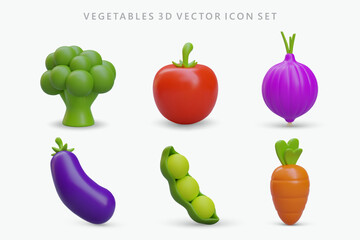 Collection of realistic vegetable icons in cartoon style. Isolated colored objects. Broccoli, tomato, purple onion, eggplant, green peas in pod, carrot with leaves