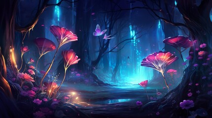 colorful fantasy forest foliage at night, glowing flowers and beautifuly butterflies as magical fairies, bioluminescent fauna as wallpaper background, generative ai