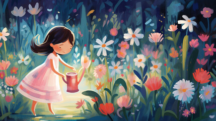 Childbook illustration girl with flowers