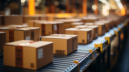 Cardboard box packages seamlessly moving along a conveyor belt in a warehouse. Generative Ai