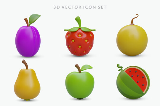 Collection of 3D icons with shadows. Vector colored fruits and berries. Plum, strawberry, melon, pear, apple, cut watermelon. Ripe, tasty and aromatic natural products