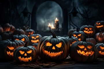 Halloween creepy spooky background, pumpkins, jack-o-lantern, bats, generative ai