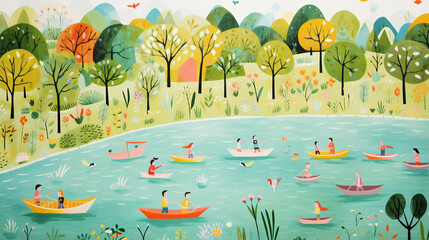 Childbook illustration boats on a lake