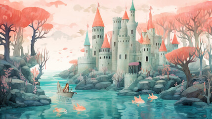 Childbook illustration, adventure in wonderland castle 