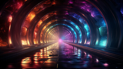 Dark tunnel of rainbow colors. Generative Ai