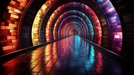 Dark tunnel of rainbow colors. Generative Ai
