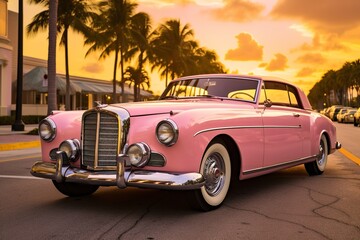 luxury pink and gold retro vintage car on the streets of miami at sunset, made with generative ai	