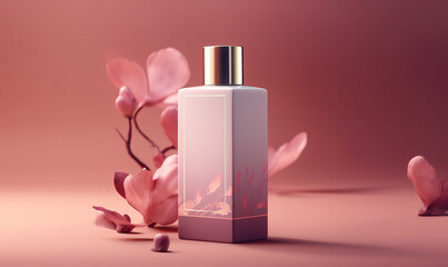 Pink Perfume Bottle with Sakura Branch. Created using generative AI tools