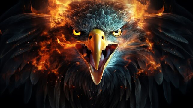 screaming mighty fantasy eagle with flames and glowing lights, generative ai	
