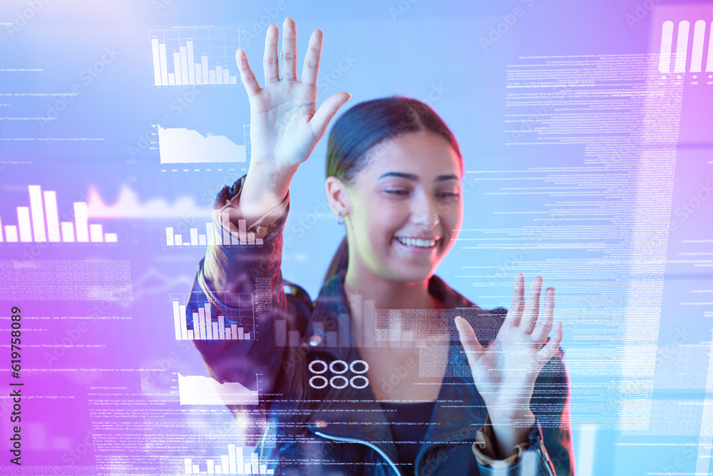Fototapete Hologram, screen and woman hands with data analytics, social media metrics and algorithm in cyberpunk stats. Security, network and futuristic young person with holographic in neon studio background