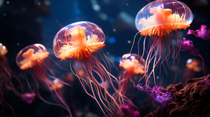 Fototapeta premium Glowing sea jellyfishes. Generative Ai
