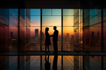Fototapeta na wymiar Silhouette of a businessman and businesswoman shake hands after completing an important deal. They are high up in a skyscraper with views of the city below. Natural light. Generative AI.