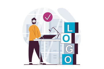 Branding team concept with people scene in flat design for web. Man working with brand identity and creating new logo for business. Vector illustration for social media banner, marketing material.