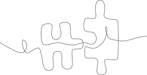 Two connected puzzle pieces of one continuous line drawn. Jigsaw puzzle element. Vector illustration.
