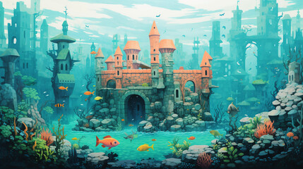 Castle underwater, childbook illustration [AI generative]