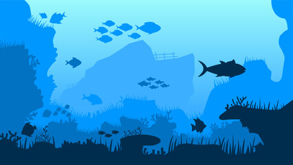 Underwater landscape vector illustration. Deep sea landscape with fish, coral reef and shipwreck. Sea world silhouette landscape for background, wallpaper, display or landing page. Vector background - obrazy, fototapety, plakaty