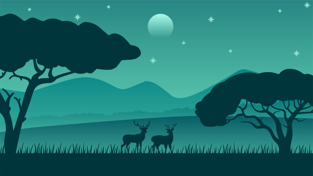 Wildlife landscape vector illustration. Wildlife landscape at night with deer and african tree. Wildlife panorama at night with starry sky and moon for background, wallpaper, display or landing page