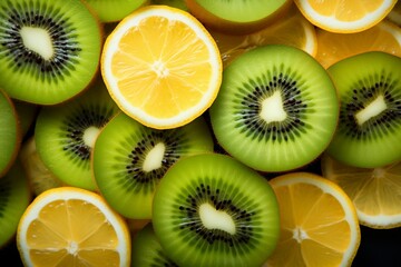 Naklejka na ściany i meble Fresh Assorted Fruits Background Lemon and Kiwi. Generative AI