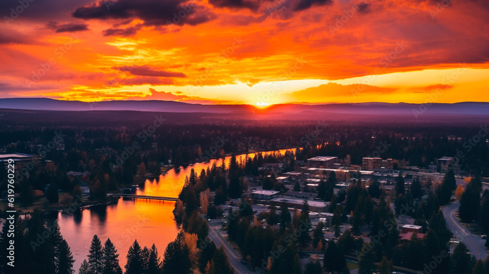 Poster Central Oregon view of Bend Oregon drone photo taken with DJI Mini 3 Pro at sunset 
