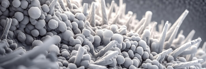 macro image of viruses and bacteria in tissues, abstract lactobacilli, monochromatic electron microscope photo, microbiological microlife background, macro bokeh depth of field - obrazy, fototapety, plakaty