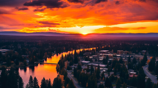 Central Oregon view of Bend Oregon drone photo taken with DJI Mini 3 Pro at sunset 
