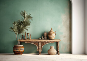 blank wall Mediterranean style interior mockup wooden table near wall with detail vignettes