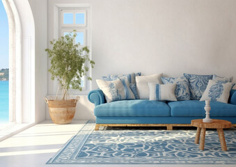  blank wall Mediterranean style interior mockup room with sofa