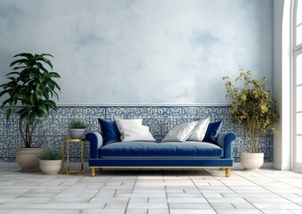  blank wall Mediterranean style interior mockup room with sofa