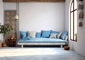  blank wall Mediterranean style interior mockup room with sofa