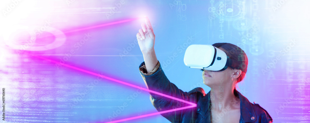 Aufkleber Woman, vr and hologram overlay in studio for pointing, glow or laser for coding, programming or metaverse. Girl, augmented reality and finger for drawing, big data analysis or 3d vision by background