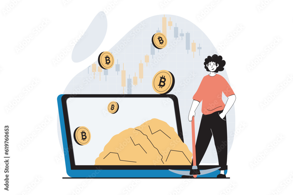 Aufkleber Cryptocurrency mining concept with people scene in flat design for web. Man with pickaxe working in mining crypto business at laptop. Vector illustration for social media banner, marketing material.
