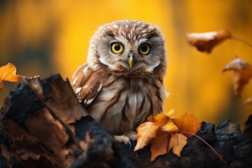 Little Owl Portrait Sitting on Branch. Generative AI