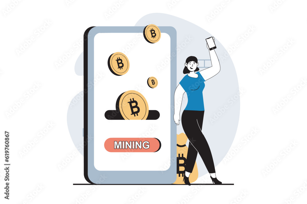 Poster cryptocurrency mining concept with people scene in flat design for web. woman mining bitcoins and mo