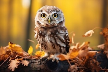 Little Owl Portrait Sitting on Branch. Generative AI