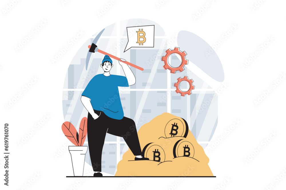 Fototapete Cryptocurrency mining concept with people scene in flat design for web. Man with pickaxe mining bitcoins and earning virtual money. Vector illustration for social media banner, marketing material.