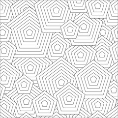 Black and white seamless pattern for coloring book in doodle style. Polygons, pentagon.